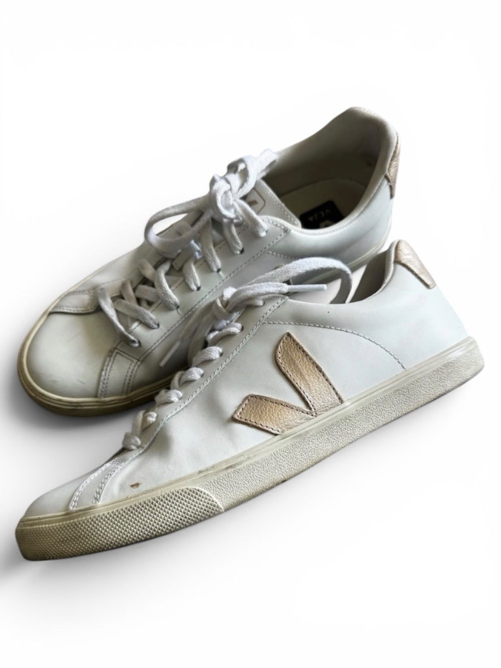 Veja White Leather Sneakers with Metallic Beige V